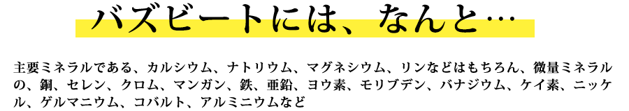 バズビートには、なんと…主要ミネラルである、カルシウム、ナトリウム、マグネシウム、リンなどはもちろん、